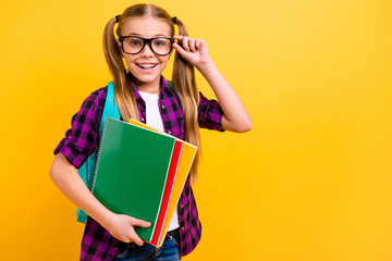 Close up photo of little lady pupil hold copybooks pretty ponytails wear specs checkered shirt isolated yellow background