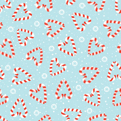 Colorful Hand Drawn Holiday Christmas and New Year Candy Cane Hearts and White Snowflakes Vector Seamless Pattern