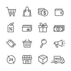 store and shopping vector line icons set