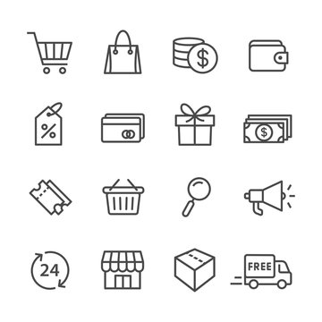 store and shopping vector line icons set