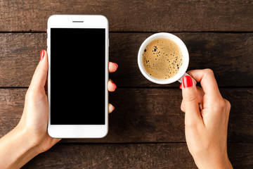 Woman's hands holding smart phone with empty screen.