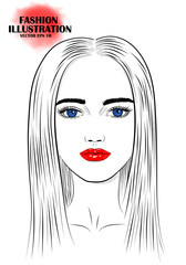 Portrait, sketch of the face of a young woman with red lips, and blue eyes, close-up. Fashion illustration. Vector EPS 10