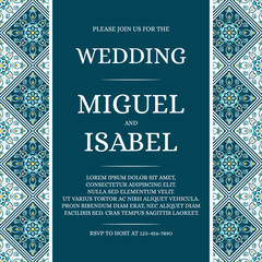 Traditional mexican wedding invite card template vector. Vintage mosaic tile pattern with green, blue and turquoise texture. Turkish background for save the date design or invitation party.