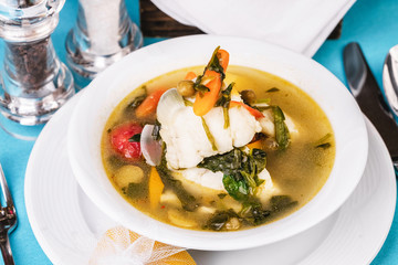 Mediterranean squid, chicken, crab meat and vegetable soup