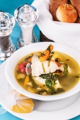 Mediterranean squid, chicken, crab meat and vegetable soup