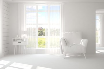 Mock up of stylish room in white color with armchair and green landscape in window. Scandinavian interior design. 3D illustration