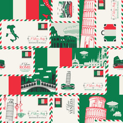 Vector seamless pattern on Italy theme with envelopes, architectural landmarks and Italian flag in retro style. Suitable for wallpaper, wrapping paper, fabric © paseven