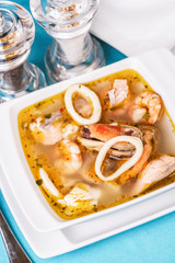 Mediterranean squid, shrimp, chicken and crab meat soup
