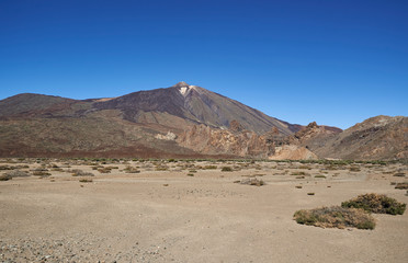 Mount Teide in Tenerife, rising up from the surrounding Desert floor, filled with sand and debris from previous Lava flows and eruptions.