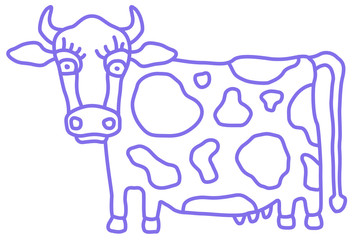 Cute cow caricature with flower side view. Cartoon style, monochrome simple sketch. Vector 