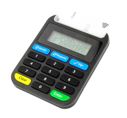 Domestic debit credit card with card inserted reader isolated on a white background