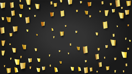 Golden Confetti Falling on Black Backdrop. Festive Pattern. Holiday Decoration Elements on Universal Background. Trendy Modern Luxury Template. Vector Background with Many Golden Confetti.