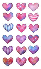 watercolor set with pink, blue, violet hearts