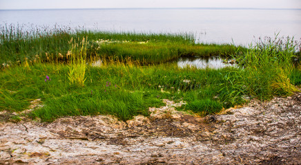 Sandy beach and sunset at the bay