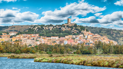Posada- beautiful hill top village in Sardinia with Castello della Fava on the top - obrazy, fototapety, plakaty