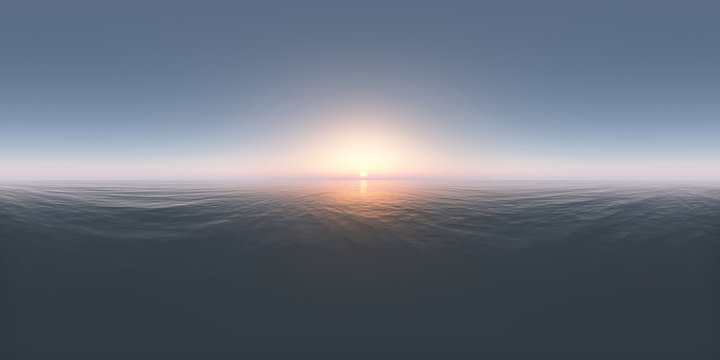 360 Grad Panorama mit einem Sonnenuntergang im offenen Meer