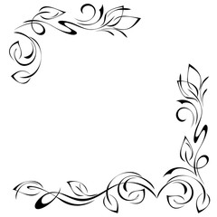 decorative frame of stylized leaves and vignettes in black lines on a white background