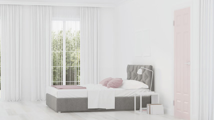 Modern house interior. White bedroom interior. 3D rendering.