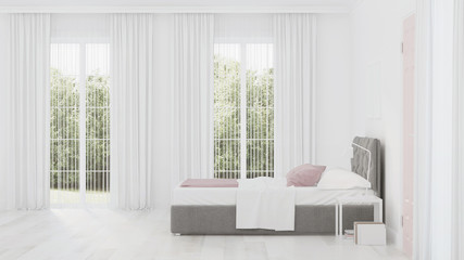 Modern house interior. White bedroom interior. 3D rendering.