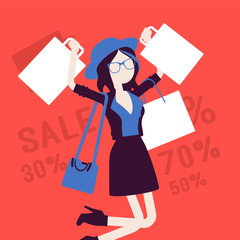 Sale for happy girl. Young woman enjoys shopping, carrying out purchases bags, consumer spends money buying at lower price. Vector illustration with faceless character, discount percentage background