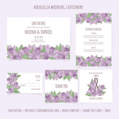AQUILEGIA WEDDING STATIONERY Floral Design Presence Template Vector Illustration Set for Print Inviting and Celebration