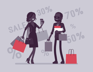 Sale for happy couple. Man and woman enjoy shopping together, buying goods at lower price, consumers getting a good bargain. Vector illustration with faceless character, discount percentage background