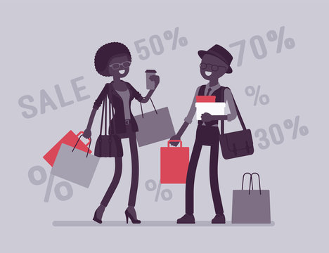 Sale for happy people. Man, woman enjoy shopping together, buying goods at lower price, consumers getting a good bargain. Vector illustration with faceless character, discount percentage background