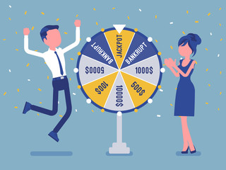 Winning jackpot, happy man successful in game show. Boy celebrating getting first prize, chance and luck to achieve large money fund, good fortune. Vector illustration, faceless characters