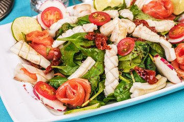 Mediterranean salad with grilled squid, salmon, radish, arugula, cherry tomatoes and chili with balsamic sauce