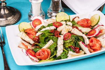 Mediterranean salad with grilled squid, salmon, radish, arugula, cherry tomatoes and chili with balsamic sauce