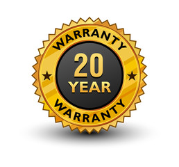 Strong and powerful golden 20 year warranty badge, sign, seal, stamp, label isolated on white background.