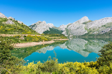 mountain lake with blue water