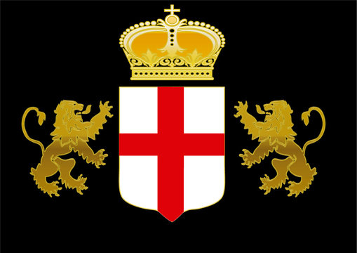 Escudo real con la cruz de San Jorge flanqueado por leones