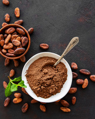 Bowl with Cocoa powder and beans