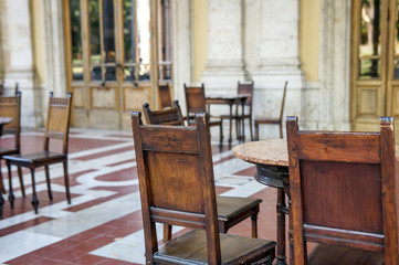 European restaurant exterior, empty chairs, lonely place, saddness, autumn