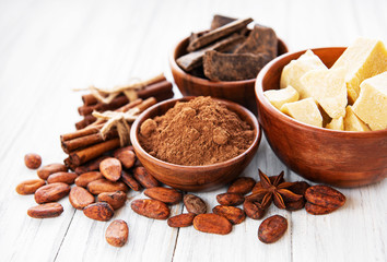 Cocoa beans, chocolate, powder and butter