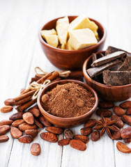 Cocoa beans, chocolate, powder and butter