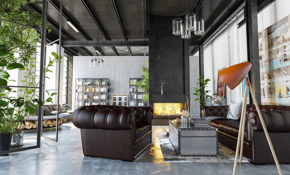 Moderne Loft mit Kamin (3d rendering)