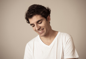 Portrait of lucky man feeling in love in looking confident and happy