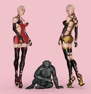 Zwei Frauen posieren in futuristischer Kleidung mit einem Schimpansen