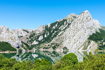 mountain lake with blue water