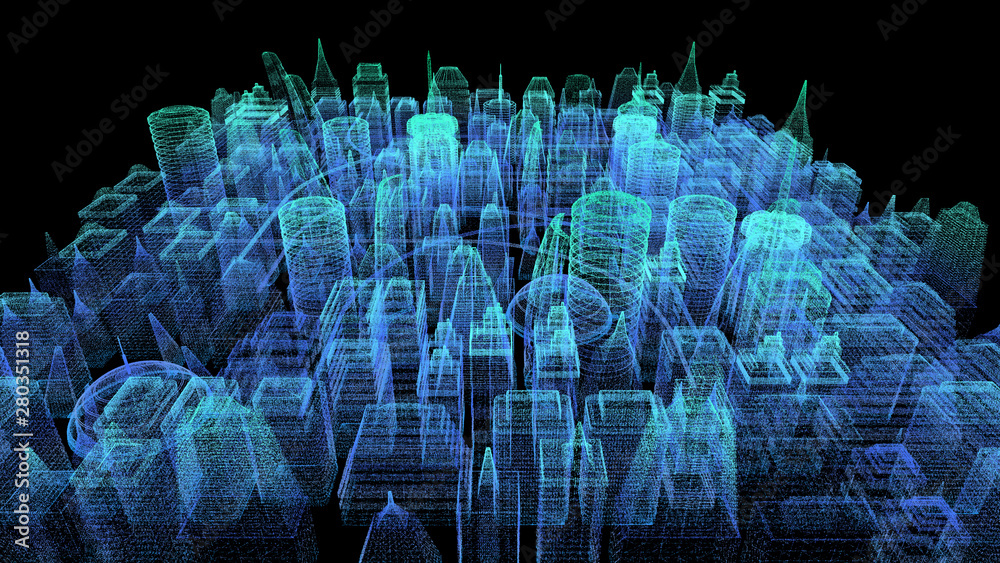 Leinwandbilder Futuristic holographic city digitally generated image virtual reality matrix particles in cyber space background environment