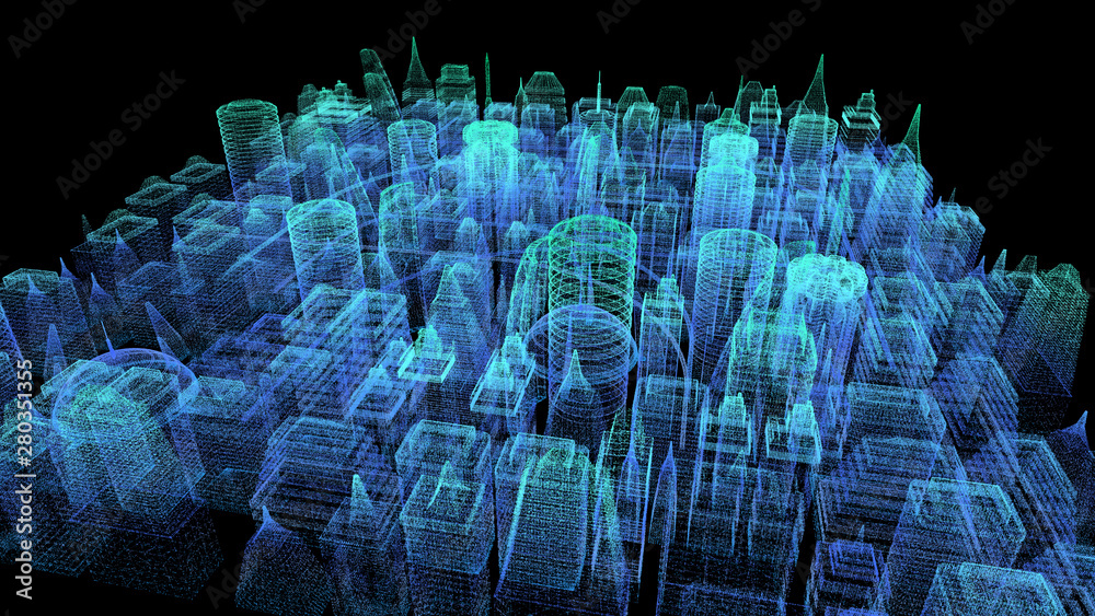Poster Futuristic holographic city digitally generated image virtual reality matrix particles in cyber space background environment