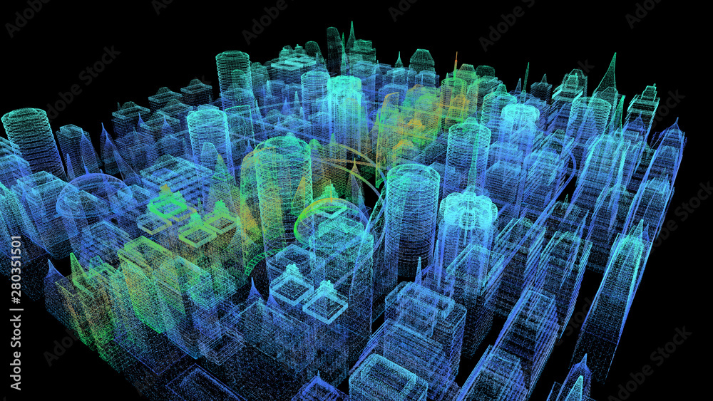 Poster Futuristic holographic city digitally generated image virtual reality matrix particles in cyber space background environment