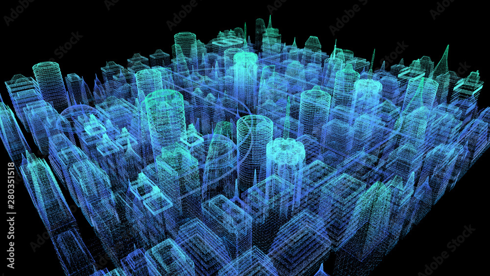 Aufkleber Futuristic holographic city digitally generated image virtual reality matrix particles in cyber space background environment