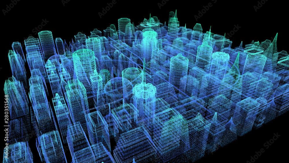 Aufkleber Futuristic holographic city digitally generated image virtual reality matrix particles in cyber space background environment