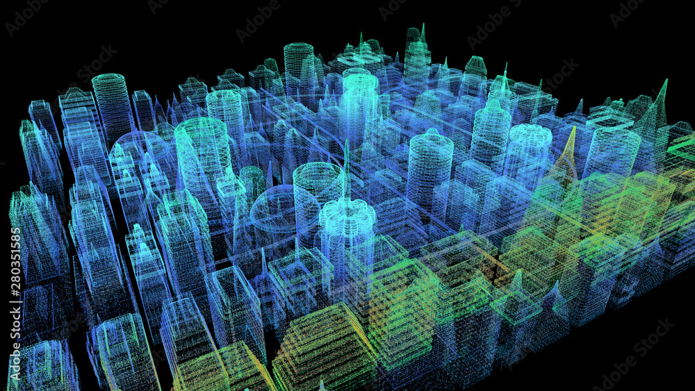 Aufkleber futuristic holographic city digitally generated image virtual reality matrix particles in cyber spac