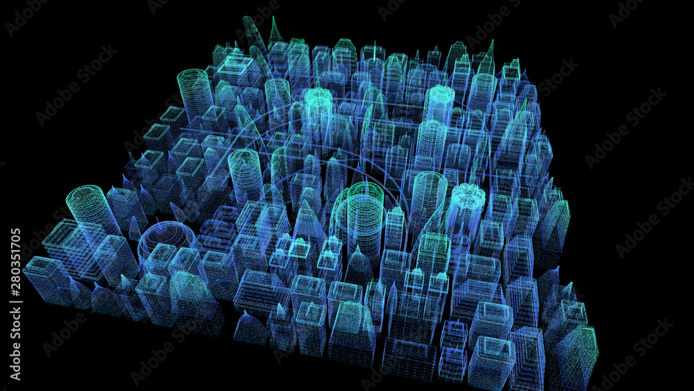 Poster Futuristic holographic city digitally generated image virtual reality matrix particles in cyber space background environment