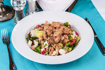  Seafood, Mediterranean cuisine. Salad from sea tuna fish with greens, cucumber, lemon and chili pepper, radish. Japanese food