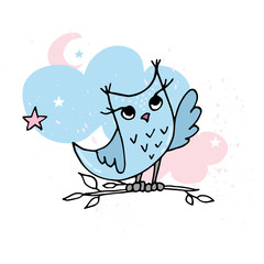 Cute little owls sitting on the tree. Pastel nursery poster or card.